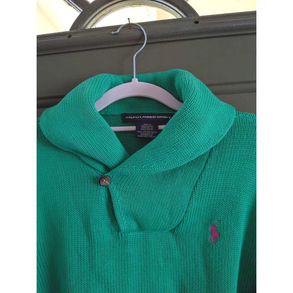 Ralph Lauren Sport Green Shawl Collar Cotton Knit Sweater Pink Pony XL - Picture 5 of 6